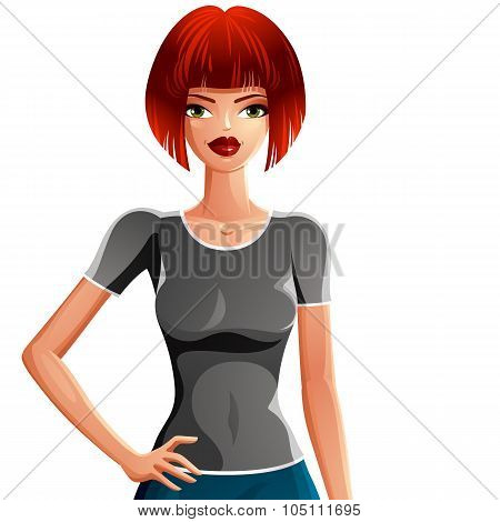 Sexy Caucasian Woman With A Hand On Her Waist, Vector Upper Body Portrait. Gorgeous Red-haired Sport