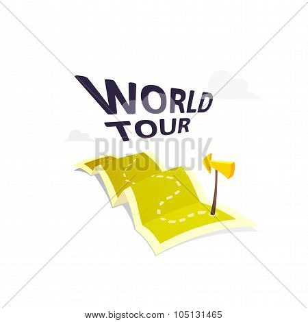 World tour concept logo isolated on white background, long route in travel map with guide marker