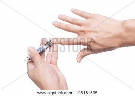 Close Up Of Fingernail Cutting Isolated
