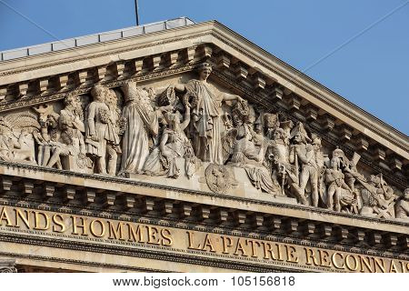 Paris - The pediment of Pantheon. Construction of the building started in 1757 and was finished in 1791