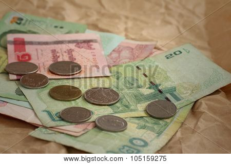 Thailand Baht Banknotes With Thailand Baht Coins.