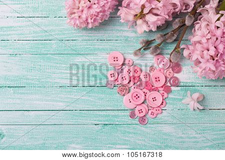 Postcard With Heart From Buttons And Hyacinths And Willow Flowers