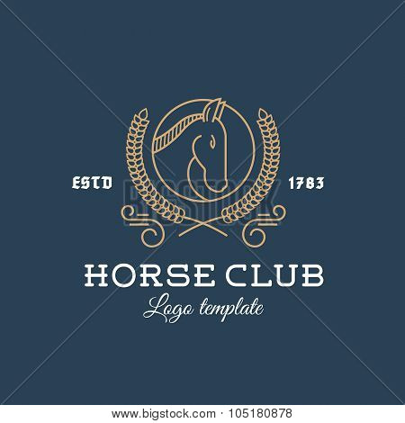 Horse Club Abstract Vector Logo Template Line Style with Typography. Stallion Head in a Circle. Laur