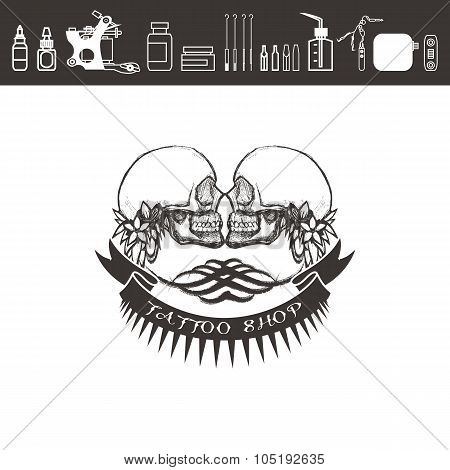 Tattoo shop logo, emblem. Black and white.