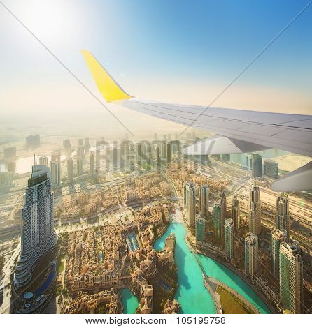 Cityscape of Dubai from aeroplane window