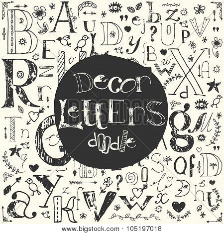Set Of Doodle Letters And Design Elements