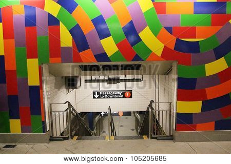 Colorful entrance at 59 St - Columbus Circle Subway Station in New York