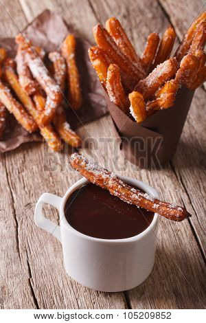 Spanish Cuisine: Churos And Hot Chocolate On The Table. Vertical
