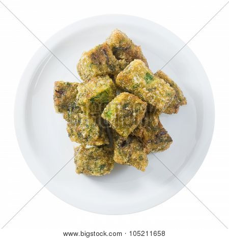Top View Of Fried Steamed Dumpling On White Background