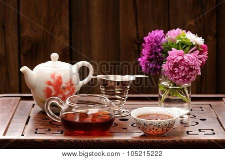 Bouquet Of Purple And Pink Asters And Teaware For Chinese Tea Ceremony