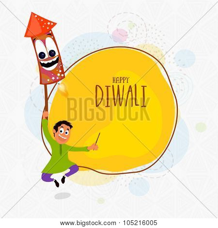 Cute boy flying with funny firecracker for Indian Festival of Lights, Happy Diwali celebration.