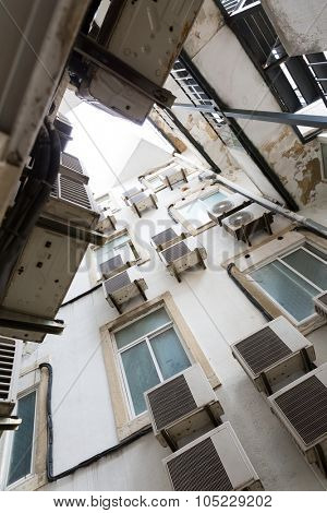 Bottom view of dwelling house with air-conditioners