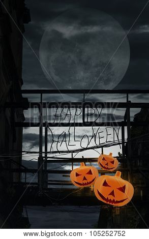 Halloween Pumpkin On Damaged Wooden Bridge, Halloween Background