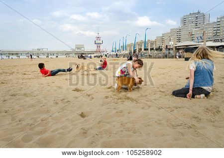 The Hague, Netherlands - May 8, 2015: Children Playing At The Beach, Scheveningen, The Hague