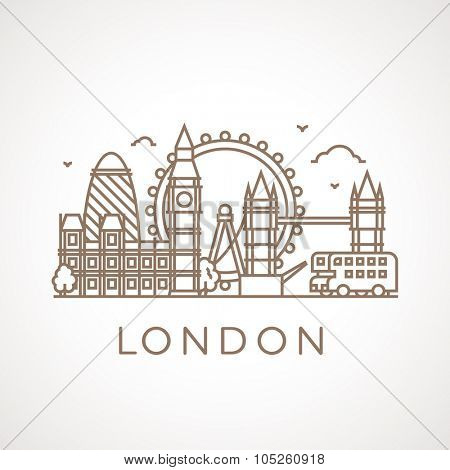 Trendy line illustration of London with different famous buildings and places of interest. Modern vector line-art design.
