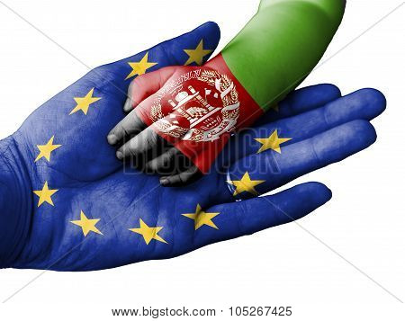 Adult Man Holding A Baby Hand With European Union And Afghanistan Flags Overlaid. Isolated On White