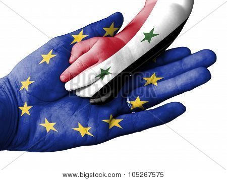 Adult Man Holding A Baby Hand With Europen Union And Syria Flags Overlaid. Isolated On White
