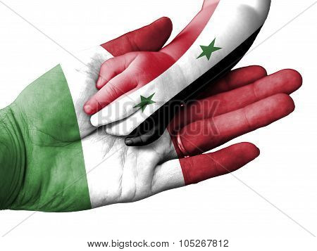Adult Man Holding A Baby Hand With Italy And Syria Flags Overlaid. Isolated On White