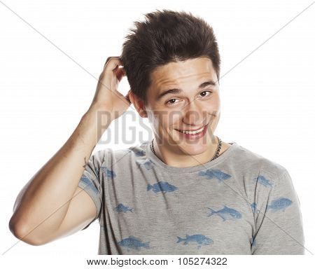 young attractive man isolated thinking emotional on white close up gesturing