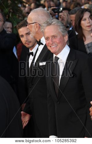 CANNES, FRANCE - MAY 14: Michael Douglas and Shia LaBeouf attends the Premiere of 'Wall Street 2' held at the Palais des Festivals during the 63  Cannes Film Festival on May 14, 2010 in Cannes, France