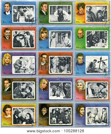 FUJEIRA - CIRCA 1972 : stamp printed in Fujeira showing ,actress and actor, circa 1972