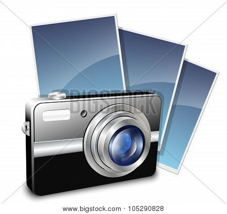 Digital Compact Photo Camera And Photos. Vector Illustration