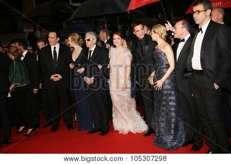 CANNES, FRANCE - MAY 19: Mia Wasikowska, David Cronenberg, Julianne Moore and John Cusack attend the 'Maps To The Stars' premiere during the 67th  Cannes Festival on May 19, 2014 in Cannes, France.