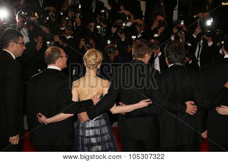 CANNES, FRANCE - MAY 19: Mia Wasikowska, David Cronenberg, Julianne Moore and John Cusack attend the 'Maps To The Stars' premiere during the 67th  Cannes Festival on May 19, 2014 in Cannes, France.