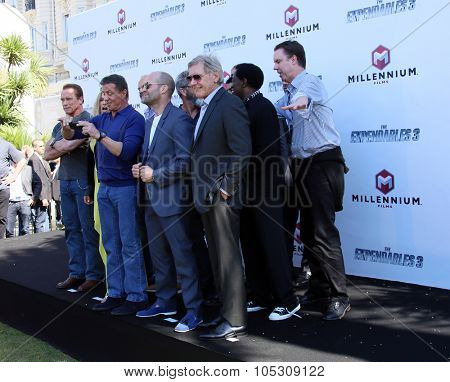 CANNES, FRANCE - MAY 18: Dolph Lundgren, Jason Statham, Harrison Ford, Mel Gibson, Sylvester Stallone attend a photocall for 'The Expendables 3' at the Carlton Hotel on May 18, 2014 in Cannes, France.
