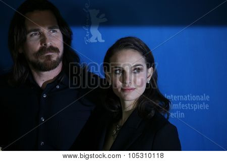 BERLIN, GERMANY - FEBRUARY 08:  Christian Bale, Natalie Portman pose during the photocall of 'Knight of Cups' within the 65th Berlin Film Festival in Berlin, Germany on February 08, 2015.