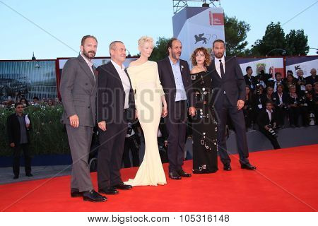 Matthias Schoenaerts, Dakota Johnson, Luca Guadagnino, Ralph Fiennes attend a premiere for 'A Bigger Splash' during the 72nd Venice Film Festival at Sala Grande on September 6, 2015 in Venice, Italy.