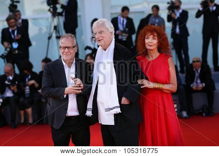 Thierry Fremaux, Bertrand Tavernier, Sabine Azema attend the Golden Lion For Lifetime Achievement 2015 Award Ceremony during the 72nd Venice Film Festival at on September 8, 2015 in Venice, Italy.