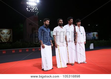 Actor Dinesh Ravi, director Vetrimaaran, actor Samuthirakani and guest attends premiere for 'La Calle De La Amargura' during the 72nd Venice Film Festival  on September 10, 2015 in Venice, Italy.