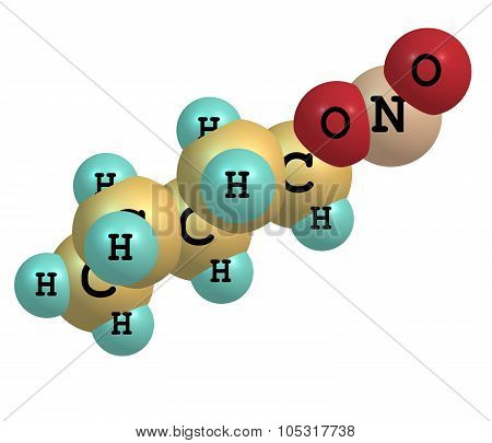 A model of Amyl Nitrite. It is used to treat angina and as an antidote to cyanide poisoning. 3d illustration