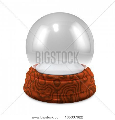 Empty Christmass glass snowglobe with wooden base isolated on white background.