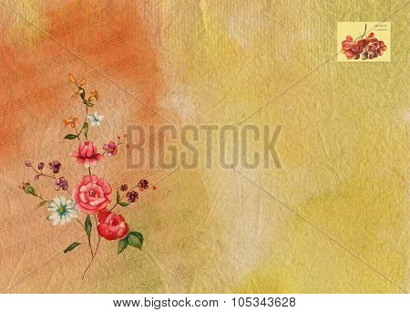Bright watercolor background texture with sheet music, Victorian roses and a place for text