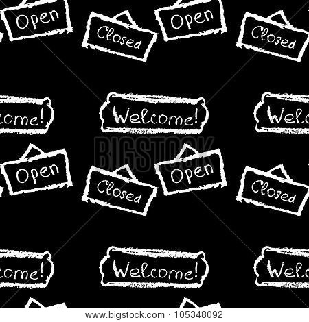 Seamless pattern  open, closed, welcome. Hand drawing chalks sty