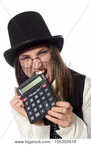 Funny woman with calculator isolated on white