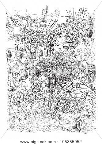 Fragment of a print depicting the 1609 Battle of Morat, prints and drawings, Hennin collection, vintage engraved illustration. Magasin Pittoresque 1867.