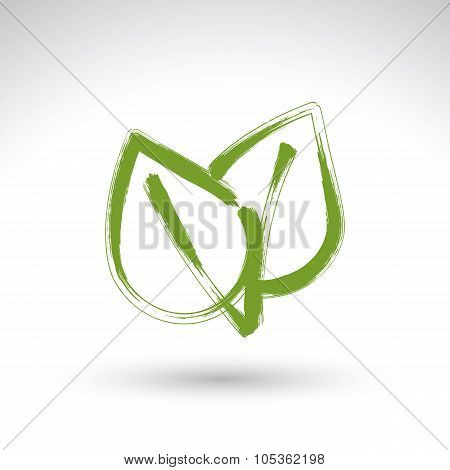 Hand Drawn Simple Vector Green Eco Leaves Icon, Real Ink Brush Drawing Ecology Symbol, Hand-painted