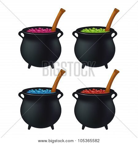 Witch Cauldron With Colorful Potion, Bubbling Witches Brew. Realistic Vector Illustration Isolated O