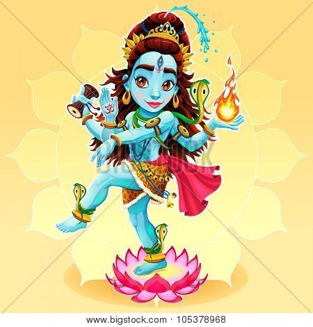Dance of Shiva. Funny representation of eastern god, vector cartoon illustration.