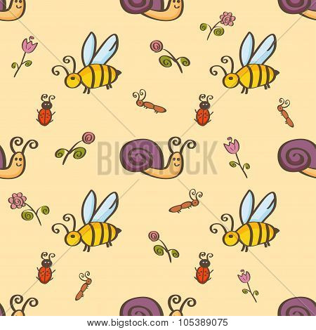 Cute Seamless Pattern With Colored Insects