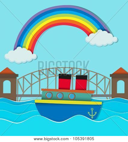 Bridge over river and boat on water illustration