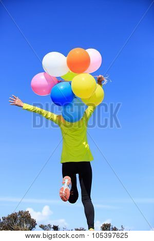 Cheering Young Woman  Running On Mountain Peak