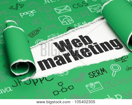 Web development concept: black text Web Marketing under the piece of  torn paper