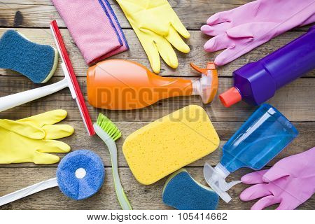 House Cleaning Product On Wood Table