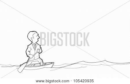 Caricature of funny businessman with paddle floating on boat