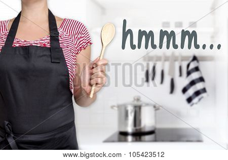 Hmm Cook Holding Wooden Spoon Background Concept
