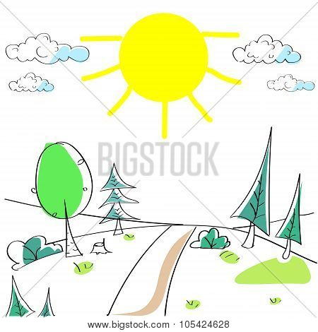 Summer Landscape Mountain Forest Road Sun Green Grass Tree Woods Sketch Simple Line Child Hand Drawi